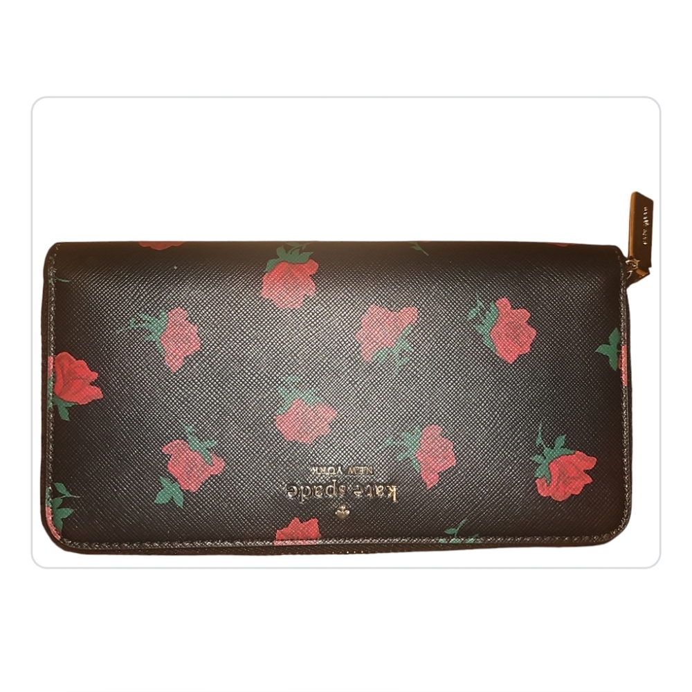 Kate Spade wallet EUC H5" xW8" beautiful black with red roses no call-outs